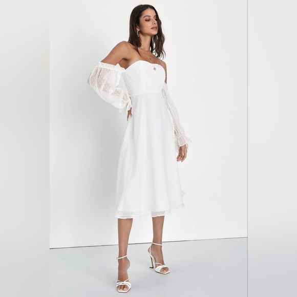 Lovely Angel White Swiss Dot Off-the-Shoulder Midi Dress - Picture 3 of 4